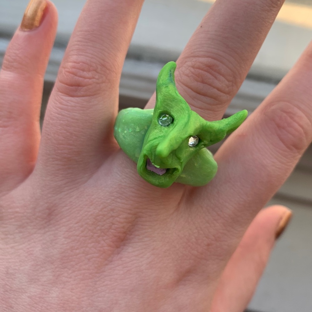 Handmade Sparkly Green Devil Clay Ring - Size 8